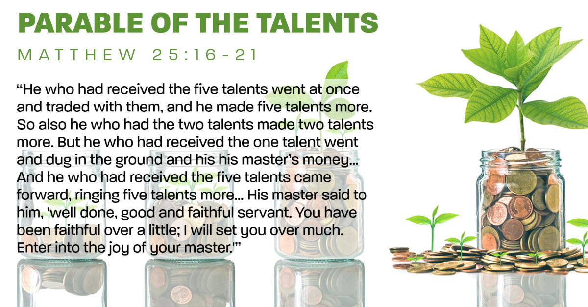 PARABLE OF THE TALENTS 
MATTHEW 25: 16-21 
"He who had received the five talents went at once 
and traded with them, and he made five talents more. 
So also he who had the two talents made two talents 
more. But he who had received the one talent went 
and dug in the ground and his his master's money... 
nd he who had received the five talents came 
rward, ringing five talents mor ... His master said to 
im, 'well done, good and faithful servant. You have 
been faithful over a little; I will set gou over much. 
Enter into the jog of gour master?" 
4 